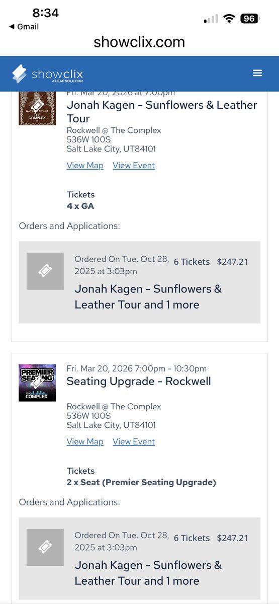 6 Concert Tickets Jonah KaGen March 20th slc