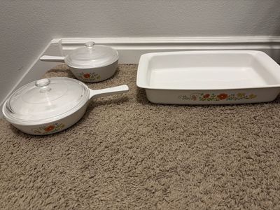 Vintage CorningWare 'Wild floral Saucepan & Baking Dish Set - Floral Pattern, Used