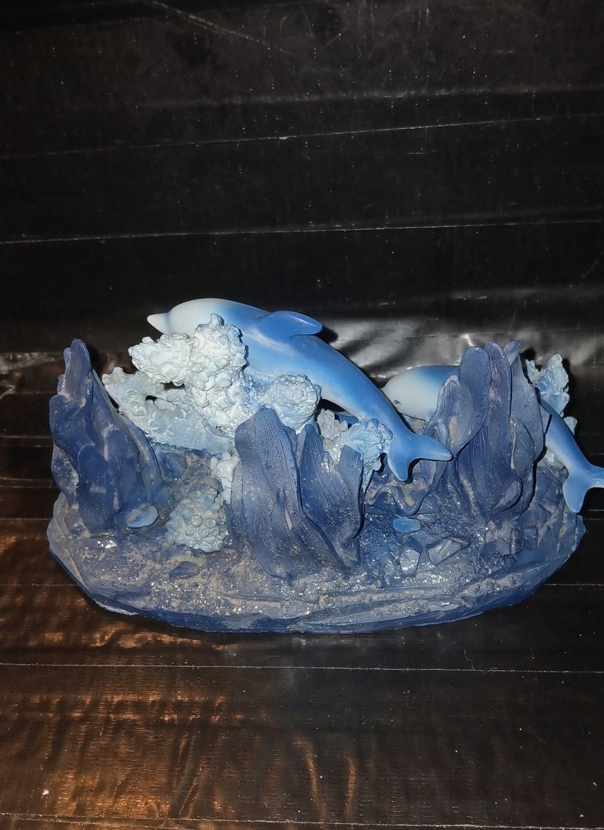 Ocean-Themed Dolphin Figurine, Blue & White, Marine Life Decor, Resin Statue
