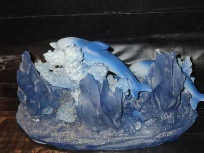 Ocean-Themed Dolphin Figurine, Blue & White, Marine Life Decor, Resin Statue