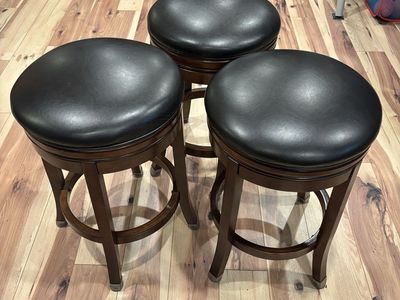 Set of 3 Wood & Leather Swivel Bar Stools - Dark Wood Finish, Black Leather Seat