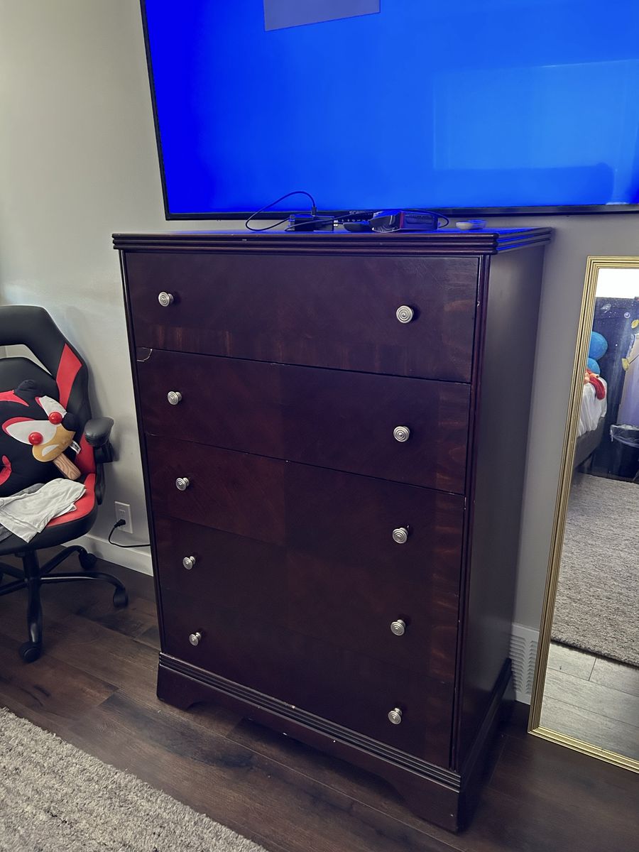 Solid Wood 5-Drawer Dresser – Dark Cherry Finish