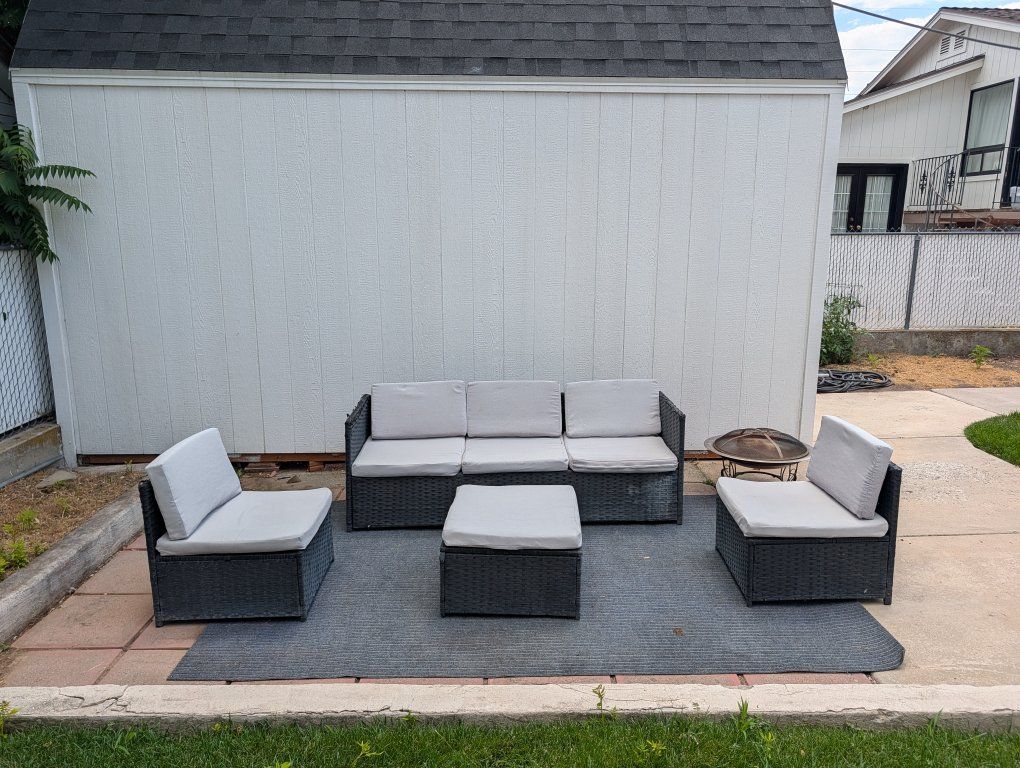 5-Piece Wicker Patio Conversation Set - Sofa, 2 Armless Chairs, Ottoman, Fire Pit - Gray Cushions