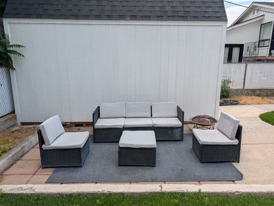 5-Piece Wicker Patio Conversation Set - Sofa, 2 Armless Chairs, Ottoman, Fire Pit - Gray Cushions