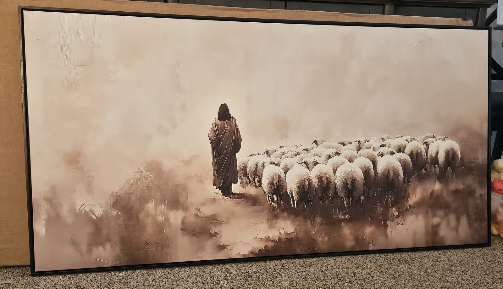 The Good Shepherd - Jesus Leading Sheep - Painting 60"x30" Black Frame