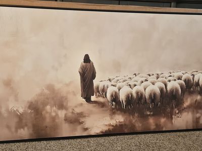 The Good Shepherd - Jesus Leading Sheep - Painting 60"x30" Black Frame