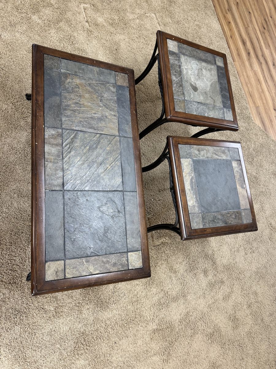 3-Piece Slate Top Coffee Table & End Tables Set - Heavy-Duty Wood & Metal