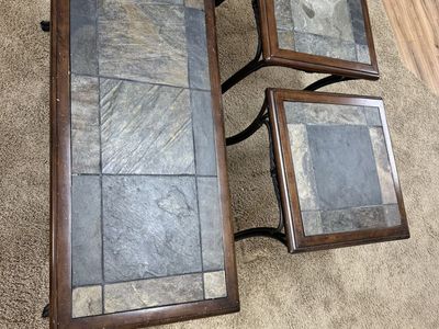 3-Piece Slate Top Coffee Table & End Tables Set - Heavy-Duty Wood & Metal