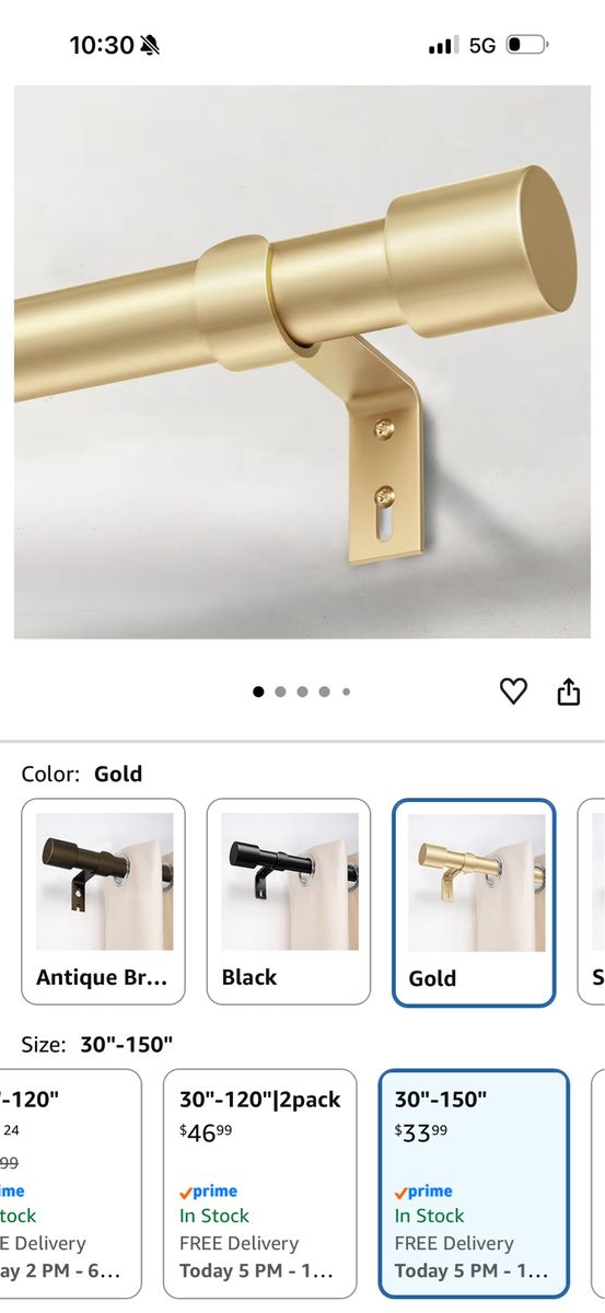 New- IFELS Heavy Duty Gold Curtain Rod - Adjustable 30-150 inch, 1 inch Diameter - New