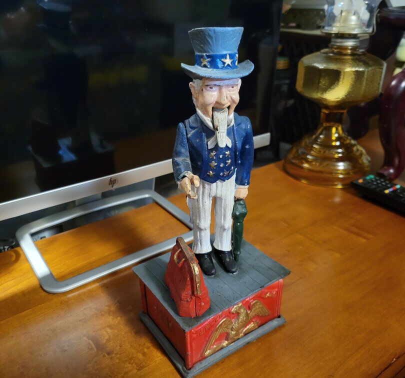 Vintage 70s Mechanical Cast Iron Uncle Sam Coin Ba