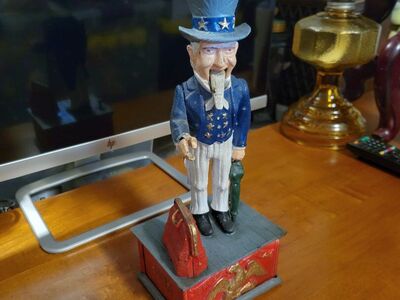 Vintage 70s Mechanical Cast Iron Uncle Sam Coin Ba
