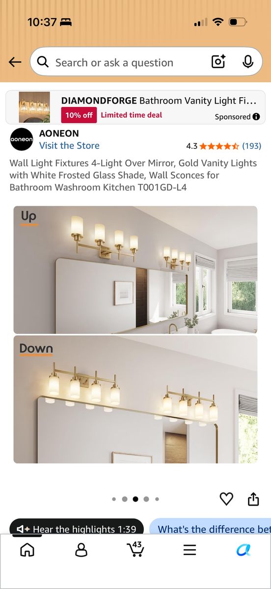 Aoneon 4-Light Gold Vanity Light Fixture with White Frosted Glass Shades