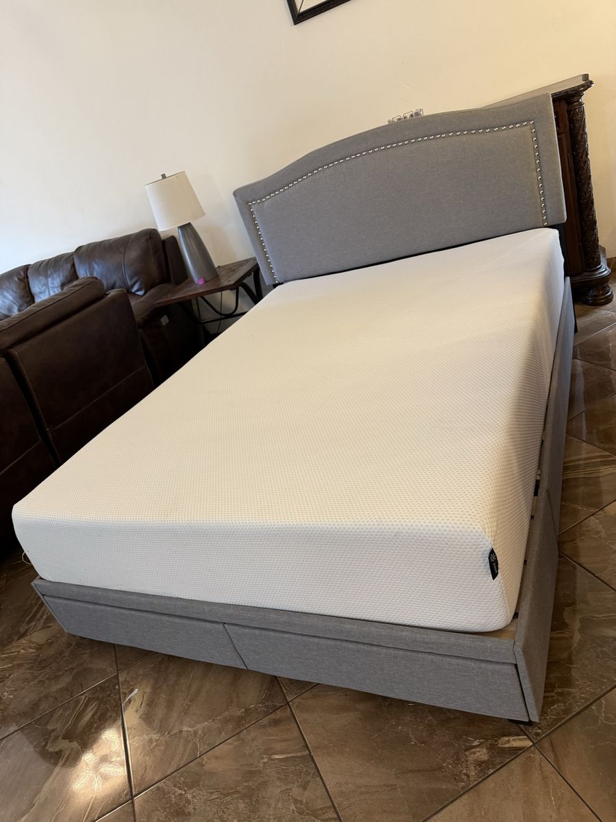Gray Upholstered Storage Bed Frame with Headboard and Drawers queen size includes mattress clean $180