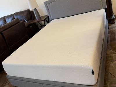 Gray Upholstered Storage Bed Frame with Headboard and Drawers queen size includes mattress clean $180