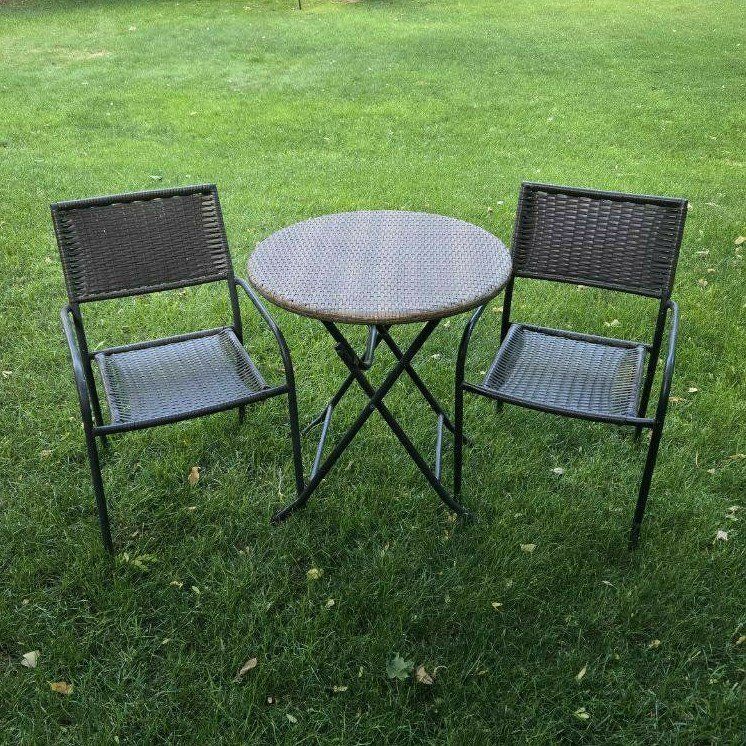 Circular Folding Outdoor Patio Bistro Table & 2 Wicker Brown Patio Chairs