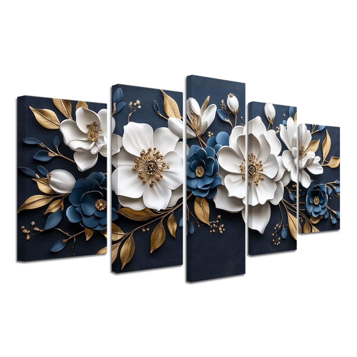 New Luxury Blue White and Gold Floral 3D Wall Art 5 Pieces Flower Picture Canvas Print