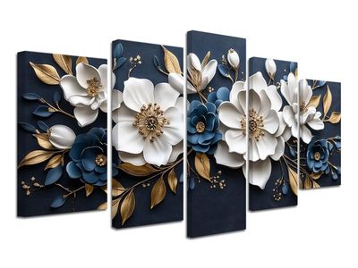 New Luxury Blue White and Gold Floral 3D Wall Art 5 Pieces Flower Picture Canvas Print