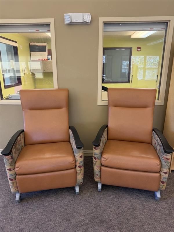 Pair of Medical Recliner Chairs - Tan Upholstery, Floral Print Arms, Casters