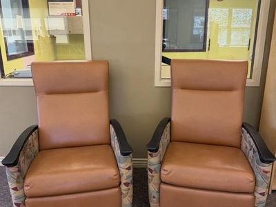 Pair of Medical Recliner Chairs - Tan Upholstery, Floral Print Arms, Casters