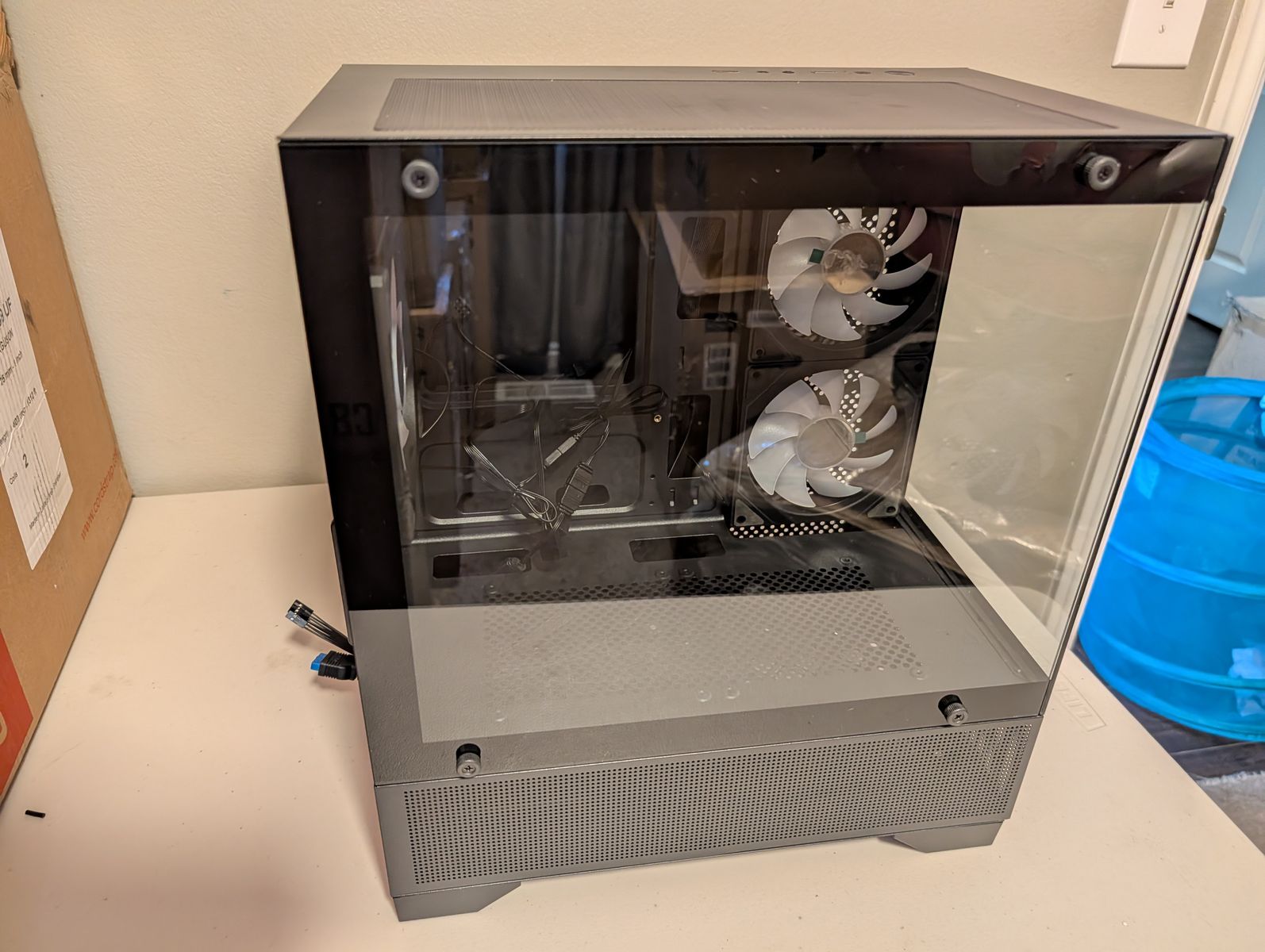 Mini Dual-Chamber Panoramic Glass PC Case - Black Micro-ATX ITX - 3 White Fans - Fishbowl Style