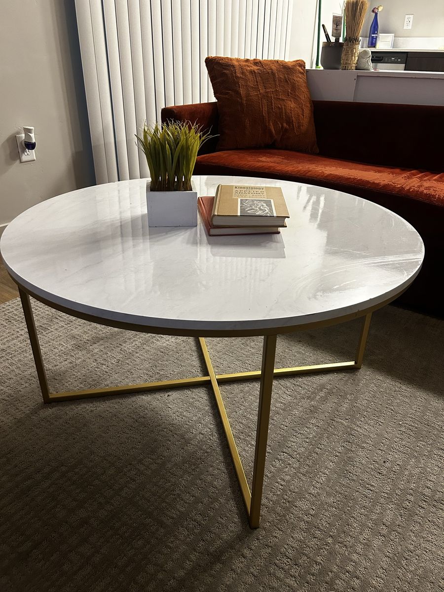 Modern Round Coffee Table, White Faux Marble Top
