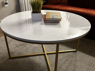 Modern Round Coffee Table, White Faux Marble Top