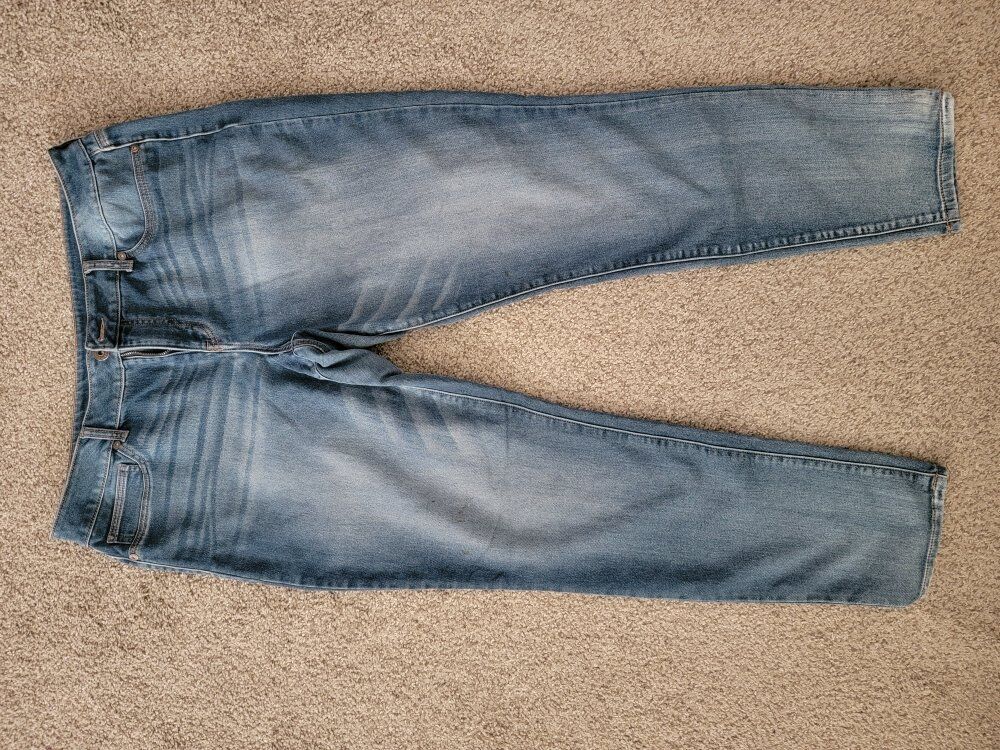 Gray & Pink Long Sleeve Shirt. Denim Jeans.