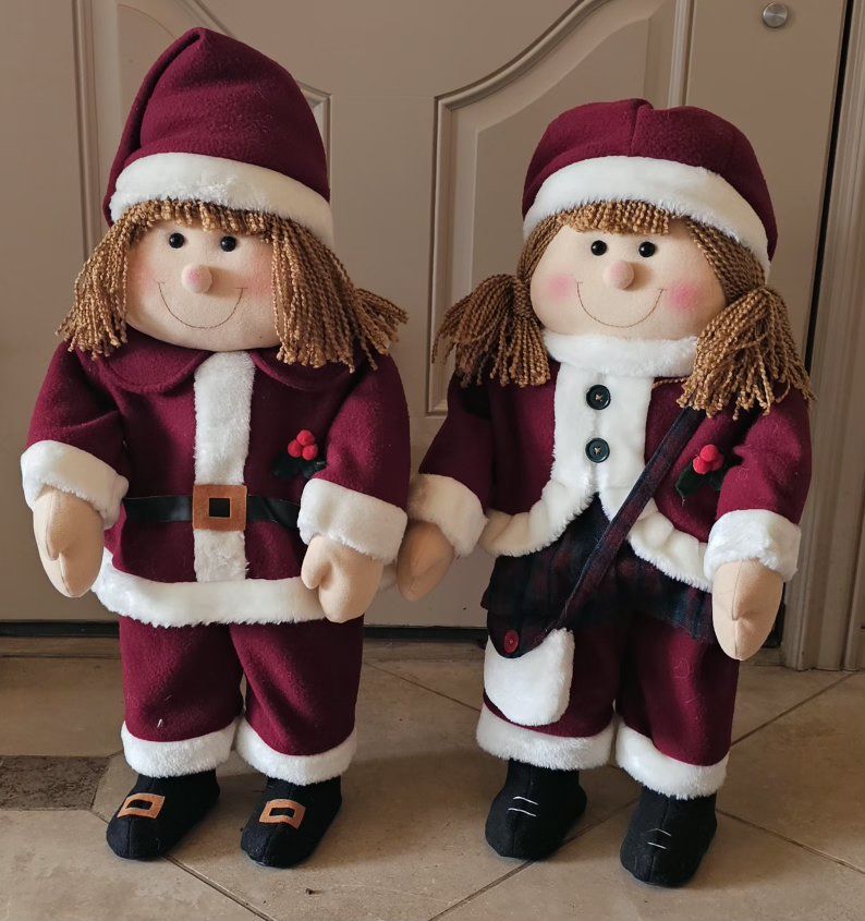 Set of 2 Vintage Plush Santa Dolls Boy and Girl Holiday Decor 25"Tx12"W