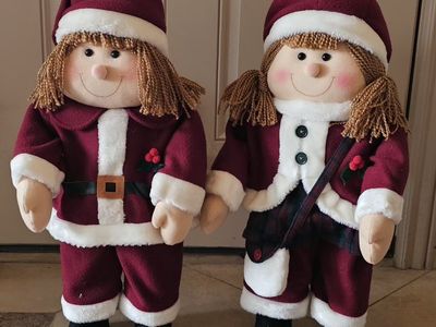 Set of 2 Vintage Plush Santa Dolls Boy and Girl Holiday Decor 25"Tx12"W