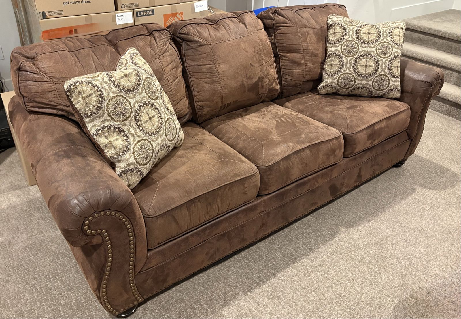 Brown Leather-Look Sofa + Matching Loveseat