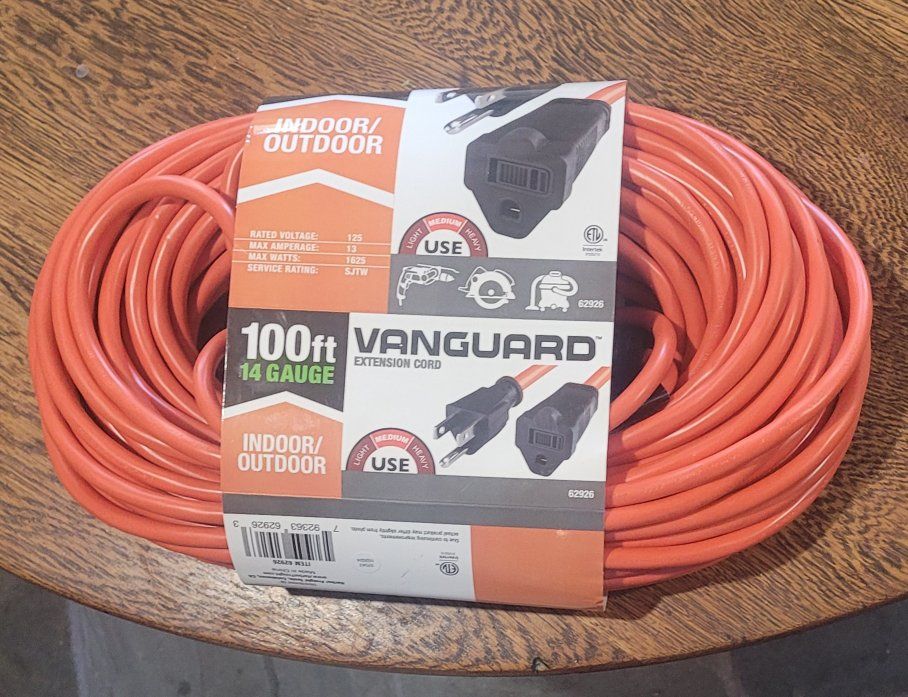 VANGUARD 100 ft. 14/3 Gauge Indoor/Outdoor Extension Cord, Orange. I have  3 new. I paid 45 for each. selling for 30 each.