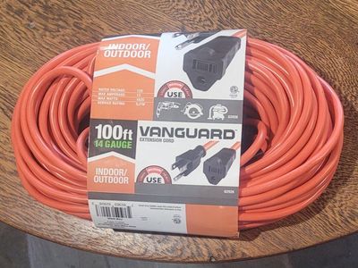 VANGUARD 100 ft. 14/3 Gauge Indoor/Outdoor Extension Cord, Orange. I have 3 new. I paid 45 for each. selling for 30 each.