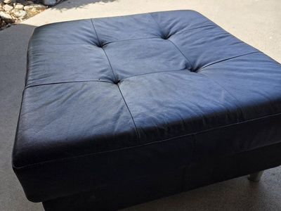 Black Leather Tufted Ottoman with Chrome Legs - Fair Condition