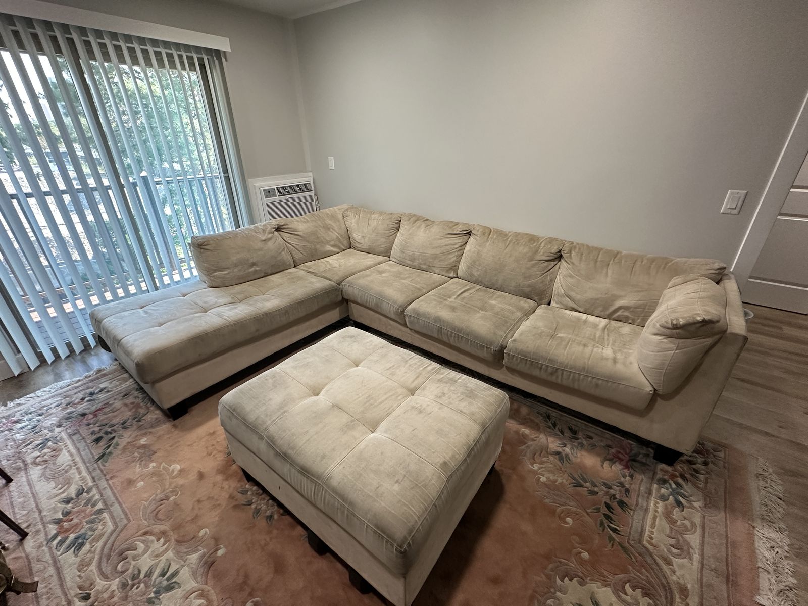 Beige Microfiber L-Shape Sectional Sofa with Chaise and Matching Ottoman