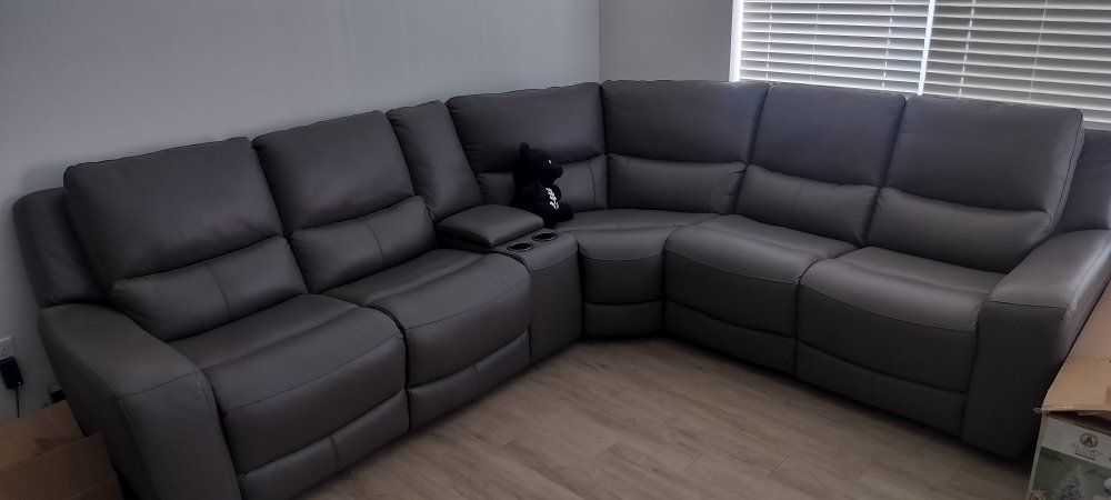 Gray Leather Power Reclining Sectional Sofa with Console and USB