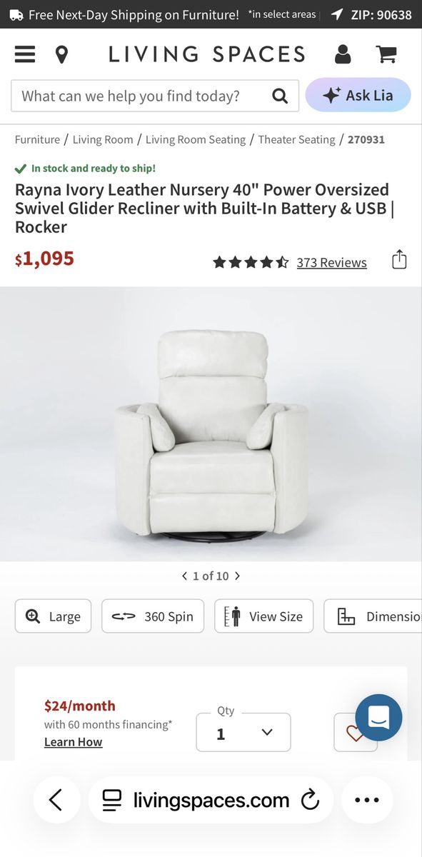 Living Spaces Rayna Ivory Leather 40" Power Oversized Swivel Glider Recliner