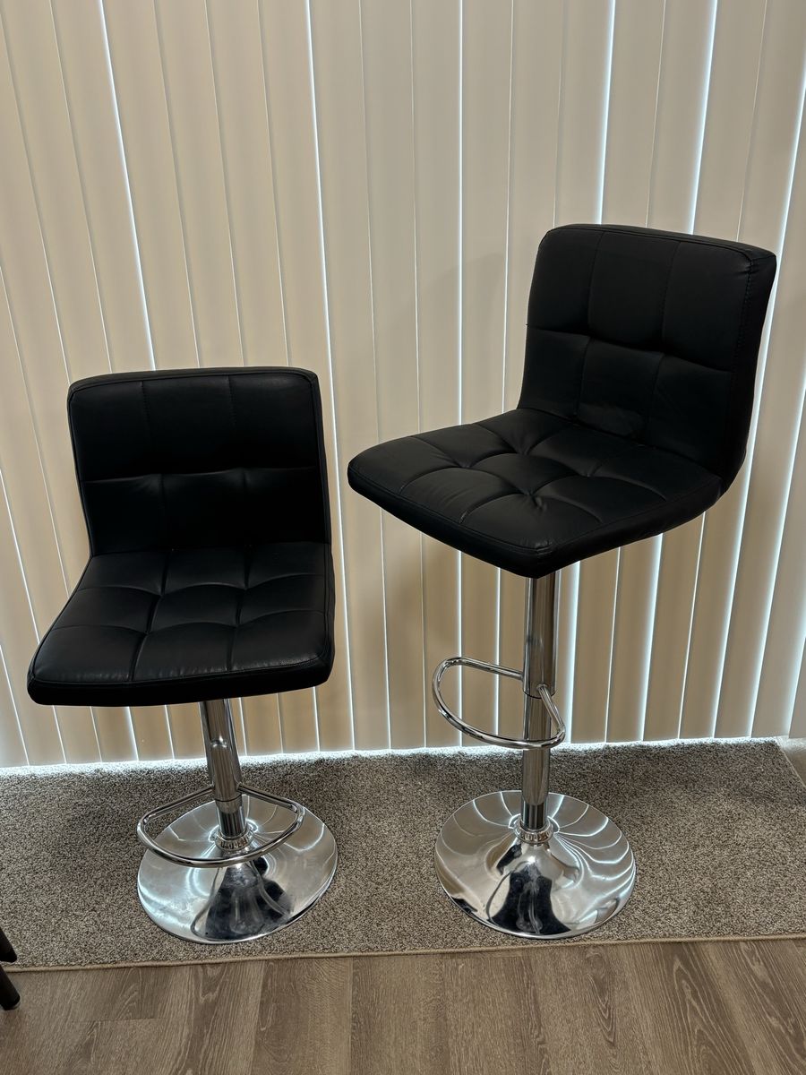 2 Adjustable Height Swivel Bar Stools - Black Faux Leather & Chrome Base