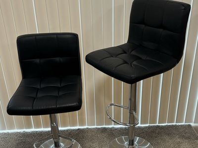 2 Adjustable Height Swivel Bar Stools - Black Faux Leather & Chrome Base