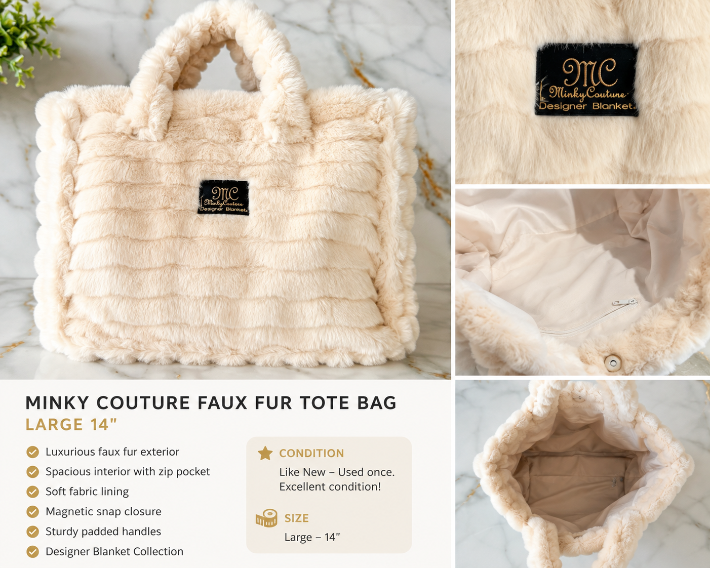 Minky Couture Large Cream Plush Annie Tote Bag – Like New