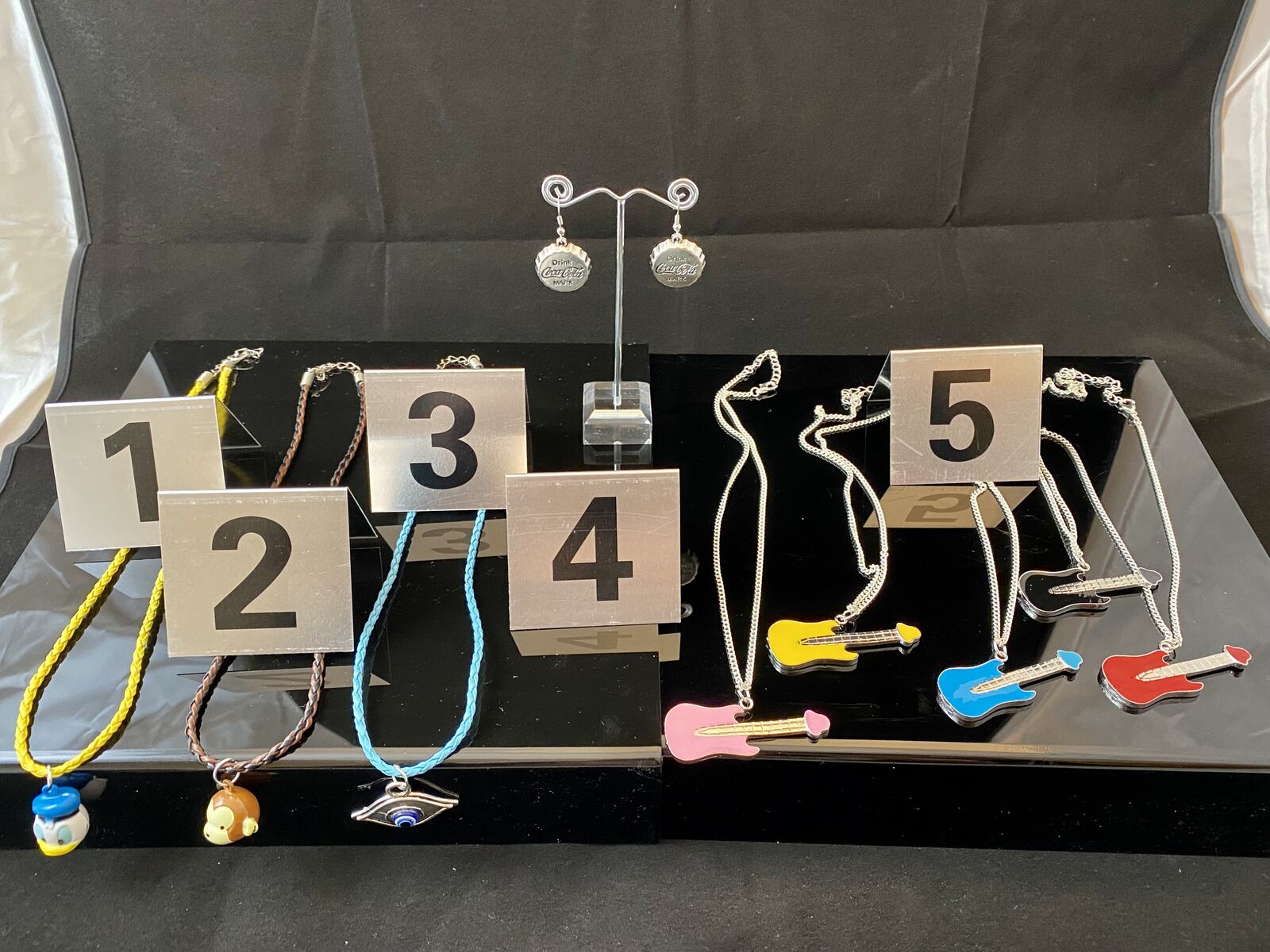 NEW - Donald Duck & Curious George Bell, Blue EYE, Colorful Enamel Guitar Necklaces & Coke Earrings - PICS