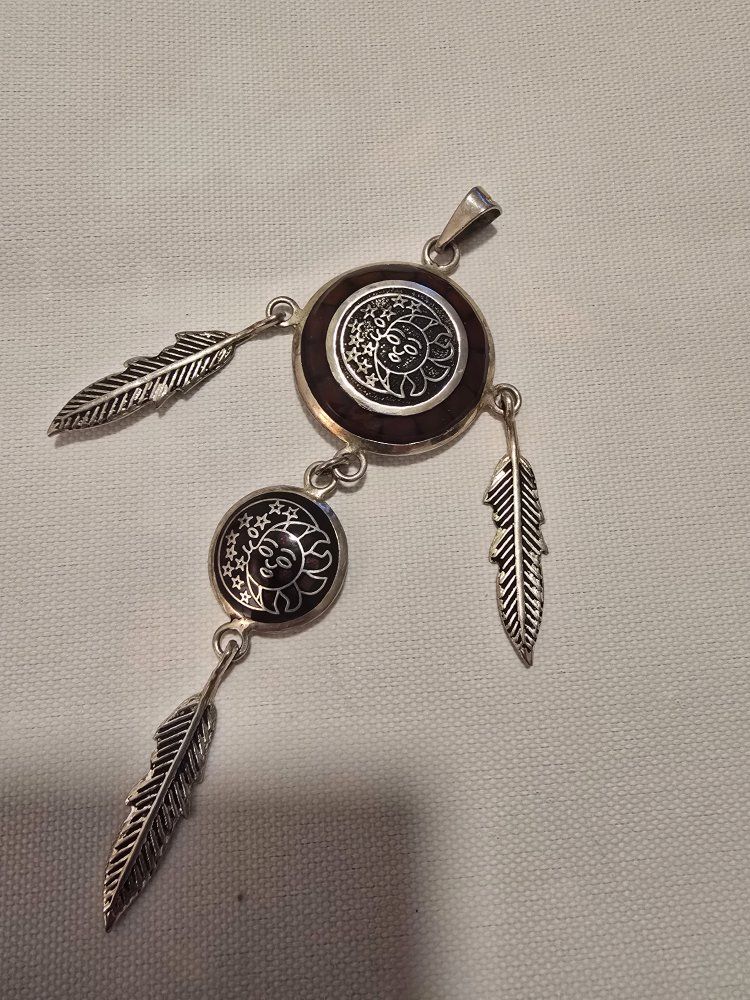 Vintage Mexico Silver Tone Sun & Moon Feathers Charm Pendant