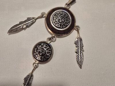 Vintage Mexico Silver Tone Sun & Moon Feathers Charm Pendant