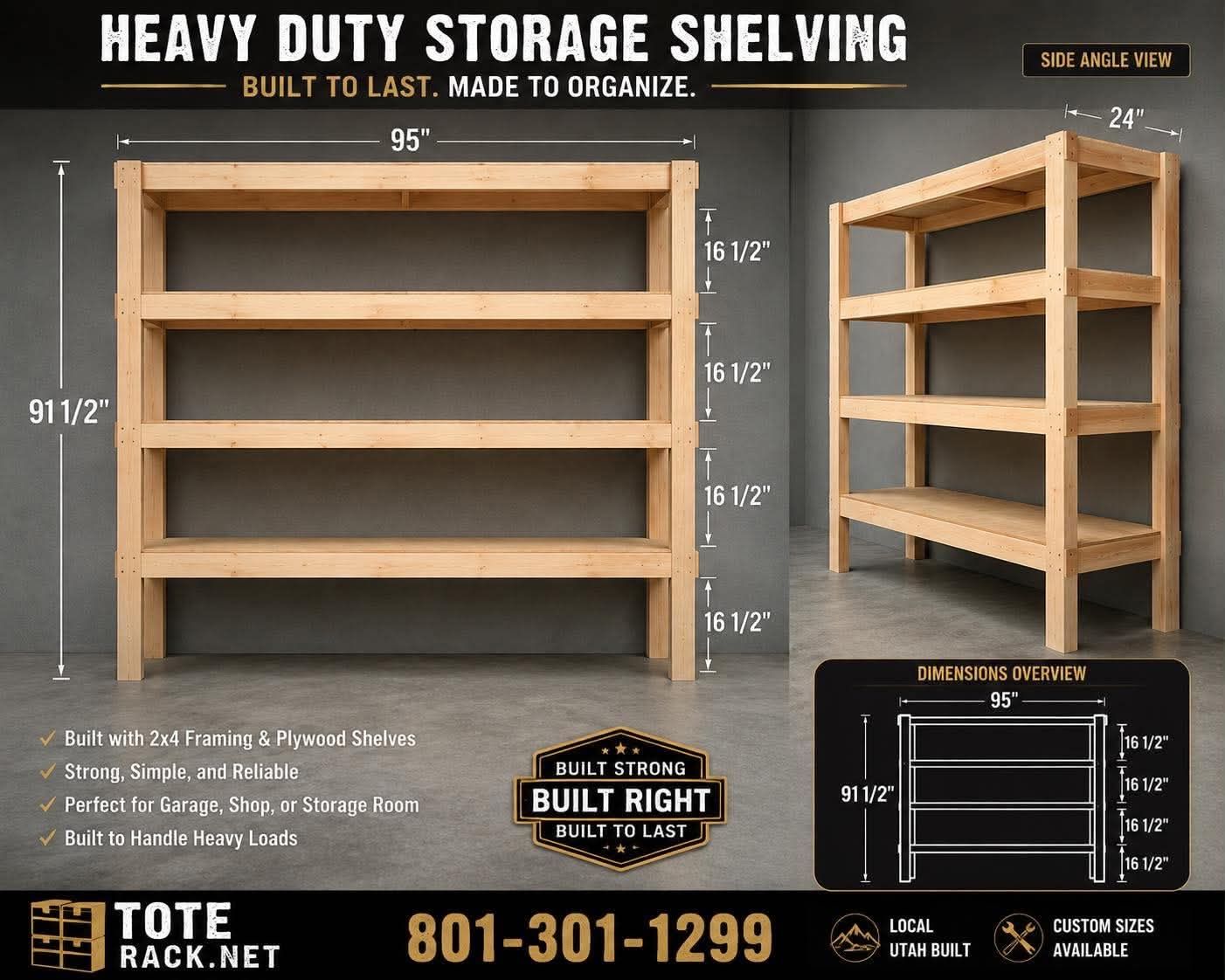 Tote Rack Heavy Duty Wood Storage Shelving Unit - 95" L x 24" D x 91.5" H, 4-Shelf