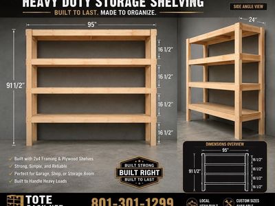 Tote Rack Heavy Duty Wood Storage Shelving Unit - 95" L x 24" D x 91.5" H, 4-Shelf