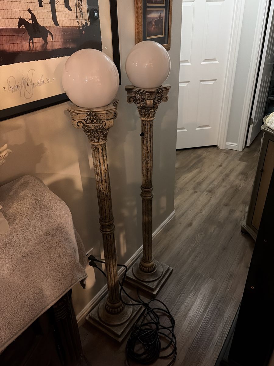 2 HEAVY 55 Inch Tall Greek Style Floor Lamps