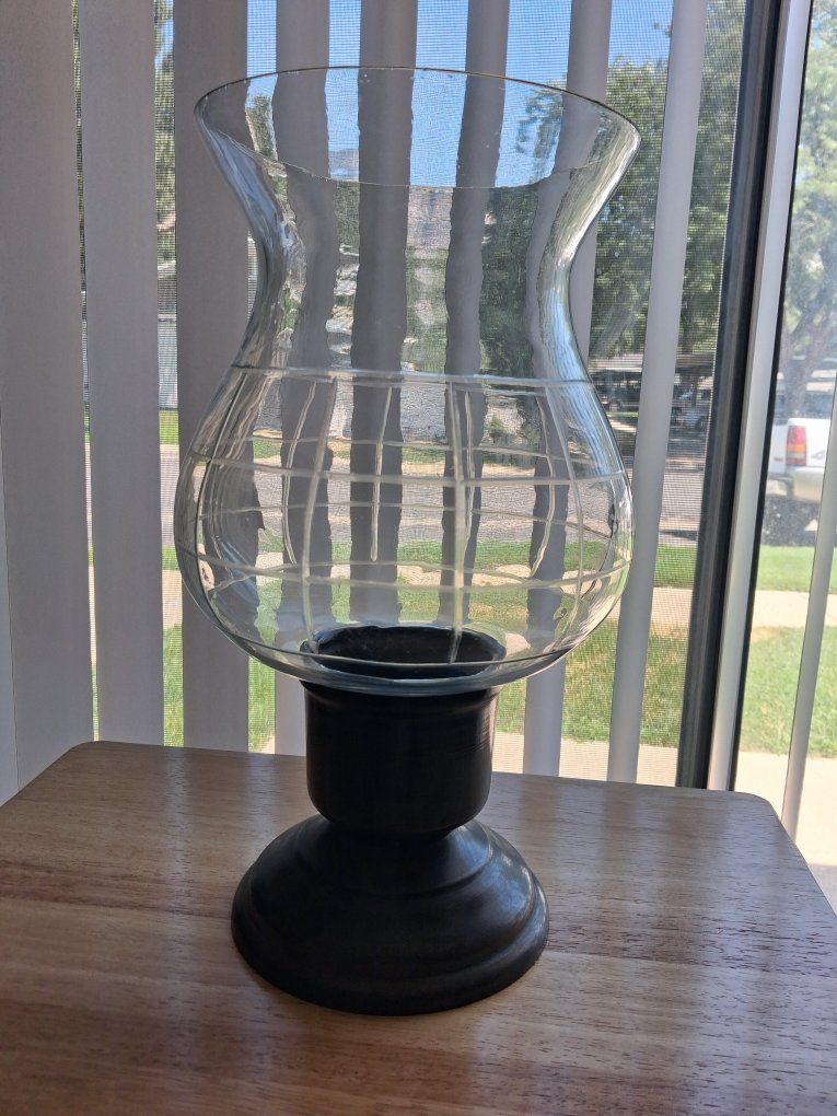 Clear Glass Hurricane Candle Holder with Black Metal Pedestal Base