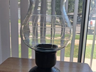 Clear Glass Hurricane Candle Holder with Black Metal Pedestal Base