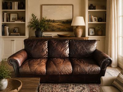 Gorgeous Top-Grain Leather Couch Diamond stitched nailhead trim (Excellent Patina & Condition)