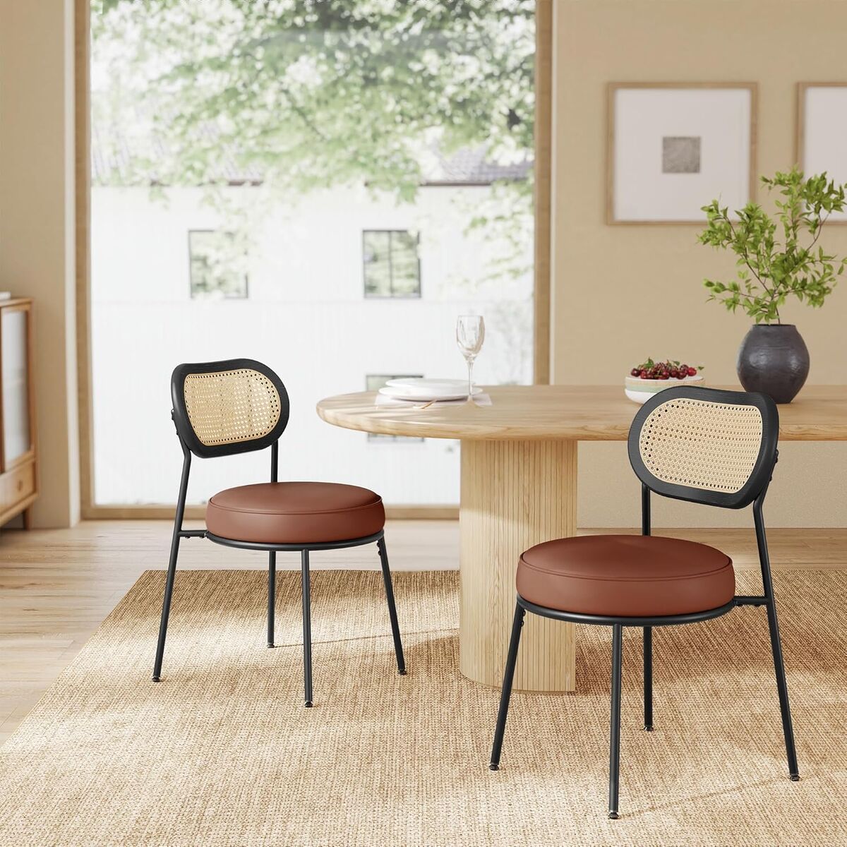 VASAGLE Set of 2 Bohemian Style Kitchen Chair, Polyrattan Backrest, Faux Leather Upholstered, Coffee Brown LDC160K02