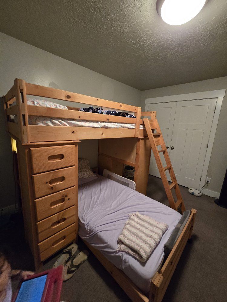 Wooden Loft Bed with Built-In Dresser and Desk